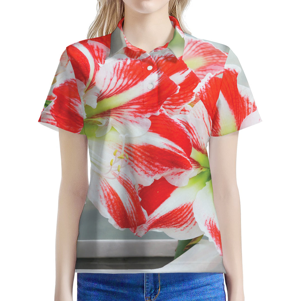 Red And White Amaryllis Print Women's Polo Shirt