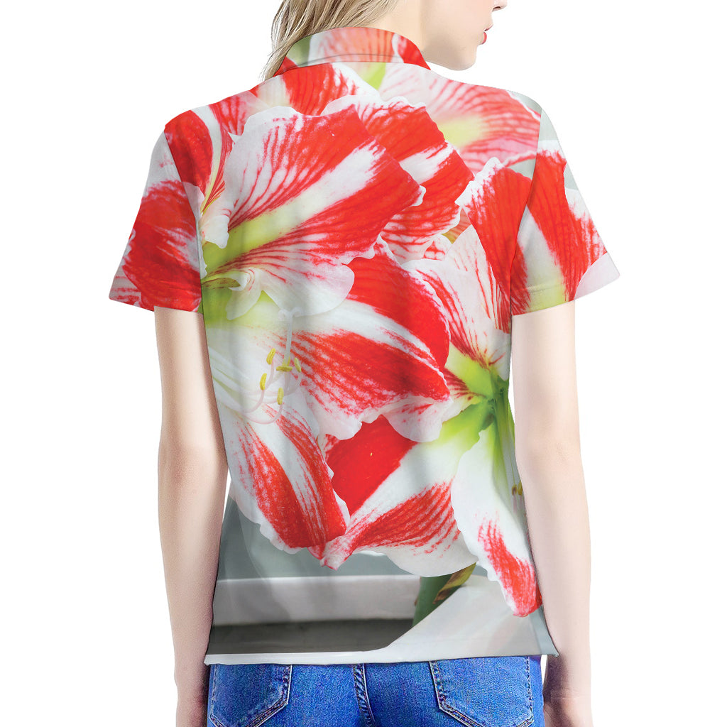 Red And White Amaryllis Print Women's Polo Shirt