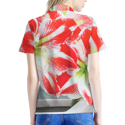 Red And White Amaryllis Print Women's Polo Shirt