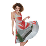 Red And White Amaryllis Print Women's Sleeveless Dress