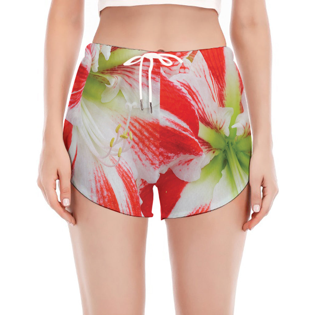 Red And White Amaryllis Print Women's Split Running Shorts