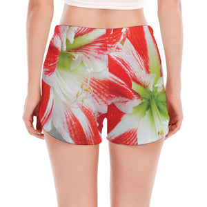 Red And White Amaryllis Print Women's Split Running Shorts