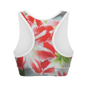 Red And White Amaryllis Print Women's Sports Bra