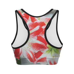 Red And White Amaryllis Print Women's Sports Bra