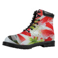 Red And White Amaryllis Print Padded Collar Lace Up Boots