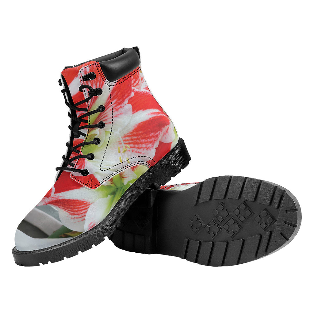 Red And White Amaryllis Print Work Boots