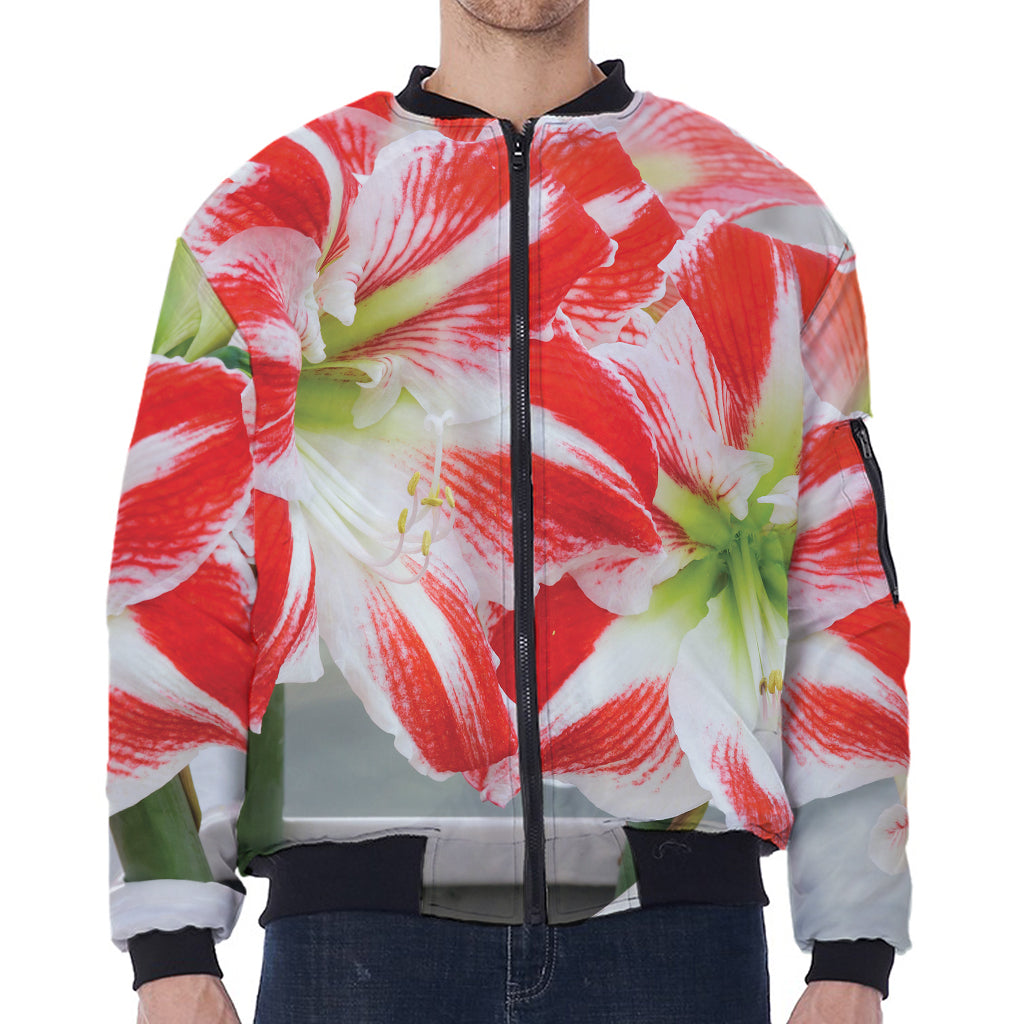 Red And White Amaryllis Print Zip Sleeve Bomber Jacket