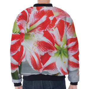 Red And White Amaryllis Print Zip Sleeve Bomber Jacket