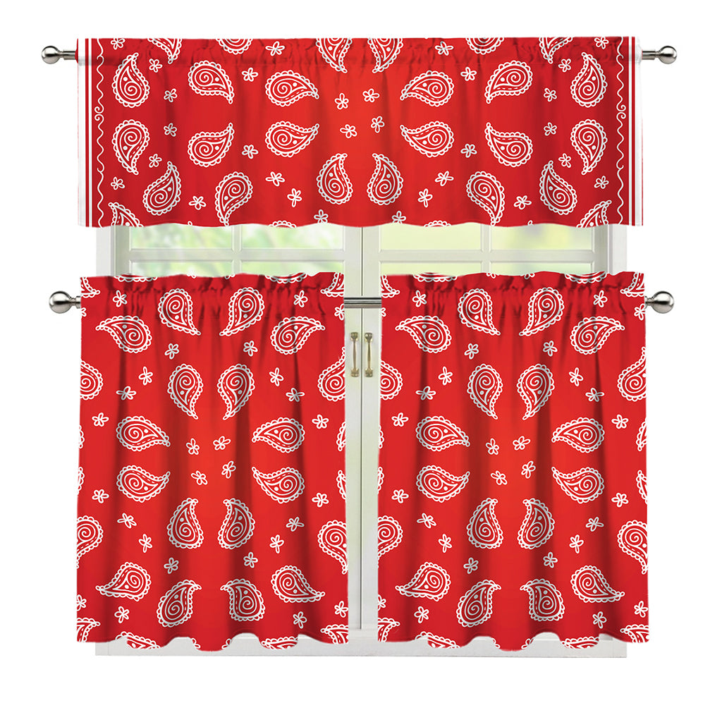 Red And White Bandana Print 3 Piece Kitchen Curtains