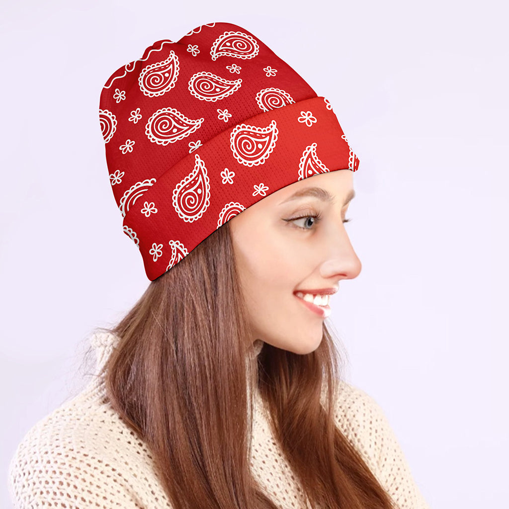Red And White Bandana Print Beanie