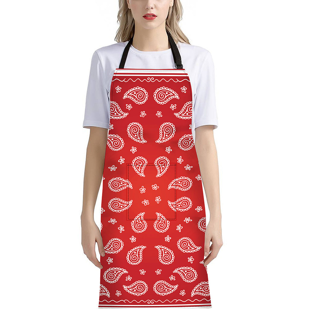 Red And White Bandana Print Bib Apron With Pocket