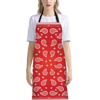 Red And White Bandana Print Bib Apron With Pocket