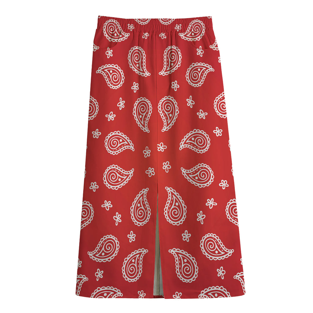 Red And White Bandana Print Cotton Front Slit Maxi Skirt