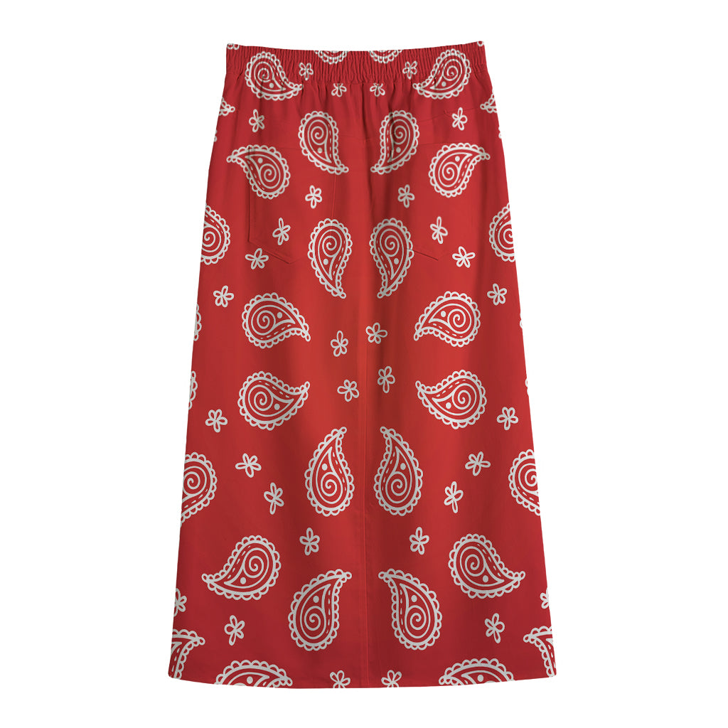 Red And White Bandana Print Cotton Front Slit Maxi Skirt