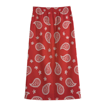 Red And White Bandana Print Cotton Front Slit Maxi Skirt