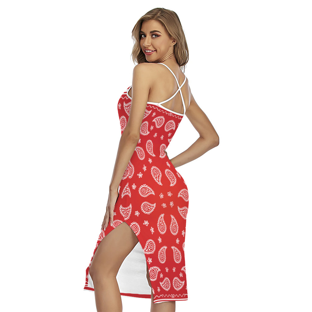 Red And White Bandana Print Cross Back Cami Dress