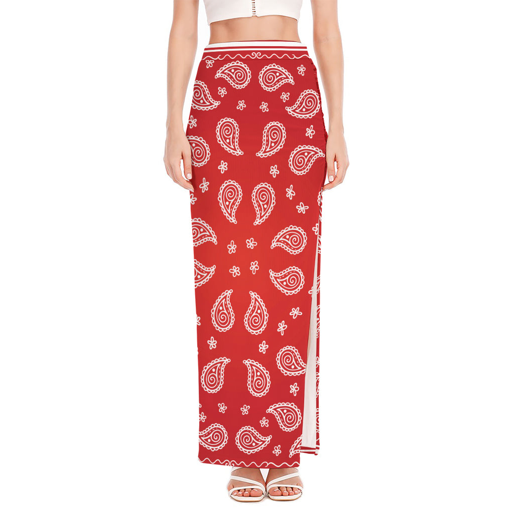 Red And White Bandana Print High Slit Maxi Skirt