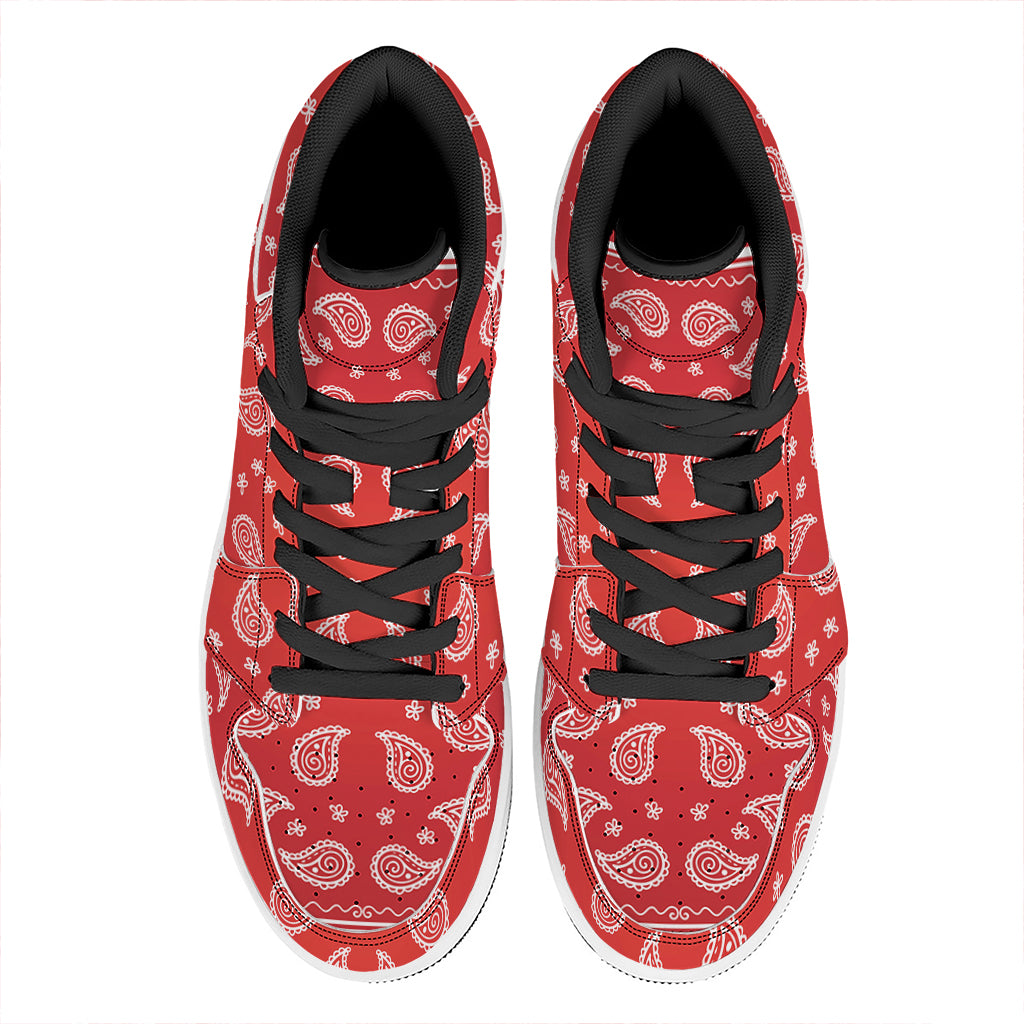 Red And White Bandana Print High Top Leather Sneakers