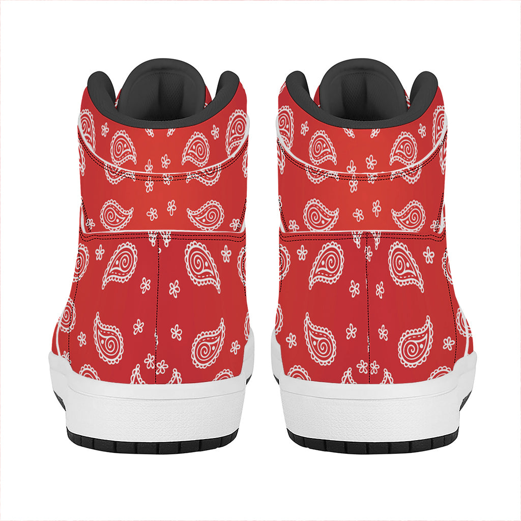 Red And White Bandana Print High Top Leather Sneakers