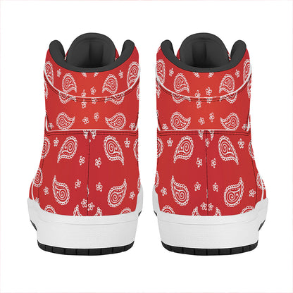 Red And White Bandana Print High Top Leather Sneakers