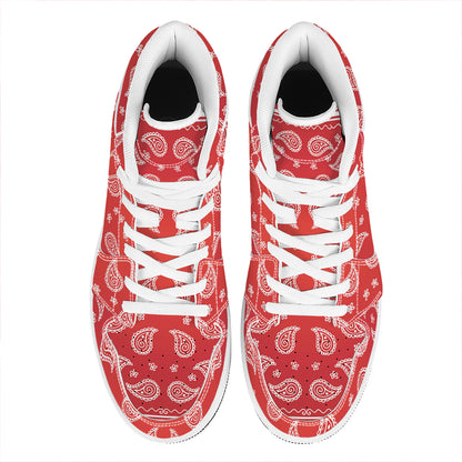 Red And White Bandana Print High Top Leather Sneakers