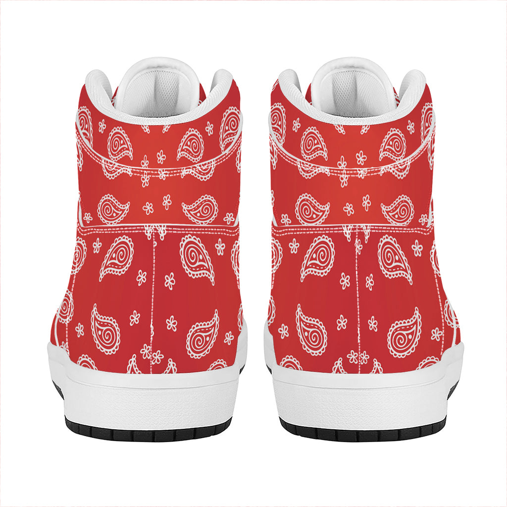 Red And White Bandana Print High Top Leather Sneakers