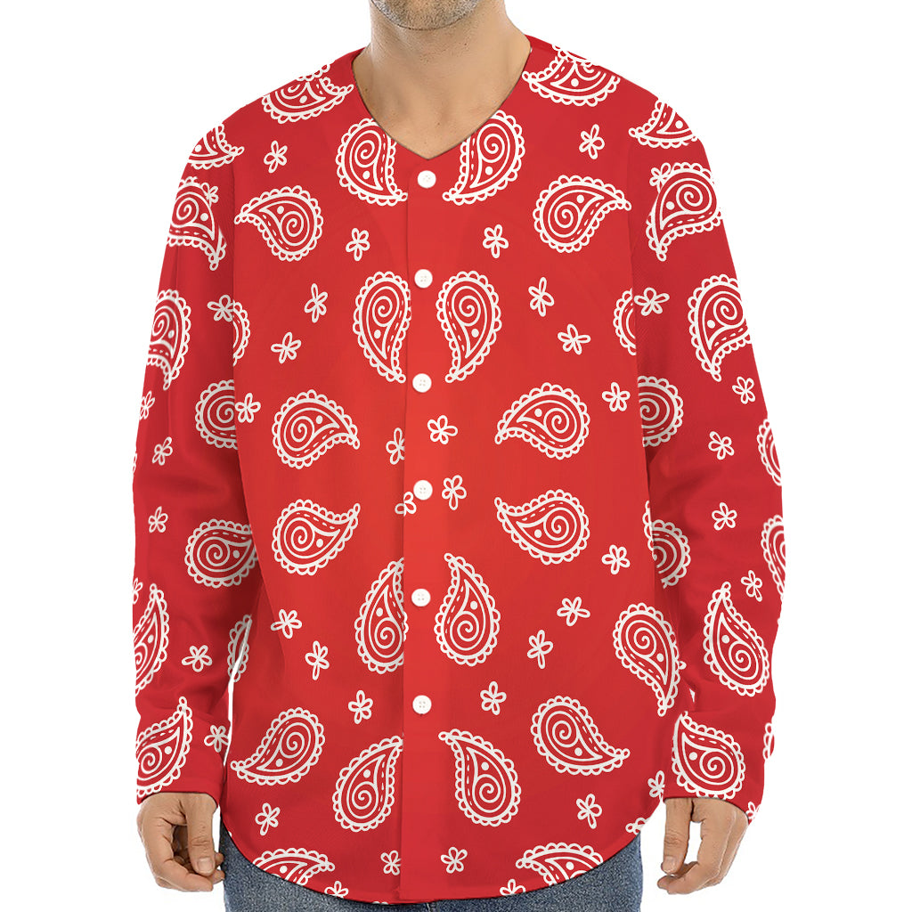 Red And White Bandana Print Long Sleeve Baseball Jersey