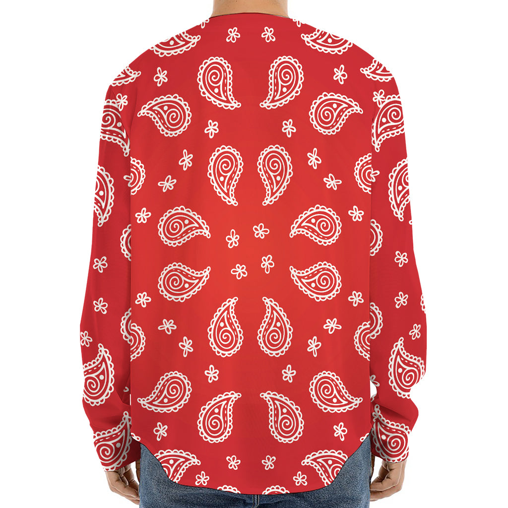 Red And White Bandana Print Long Sleeve Baseball Jersey