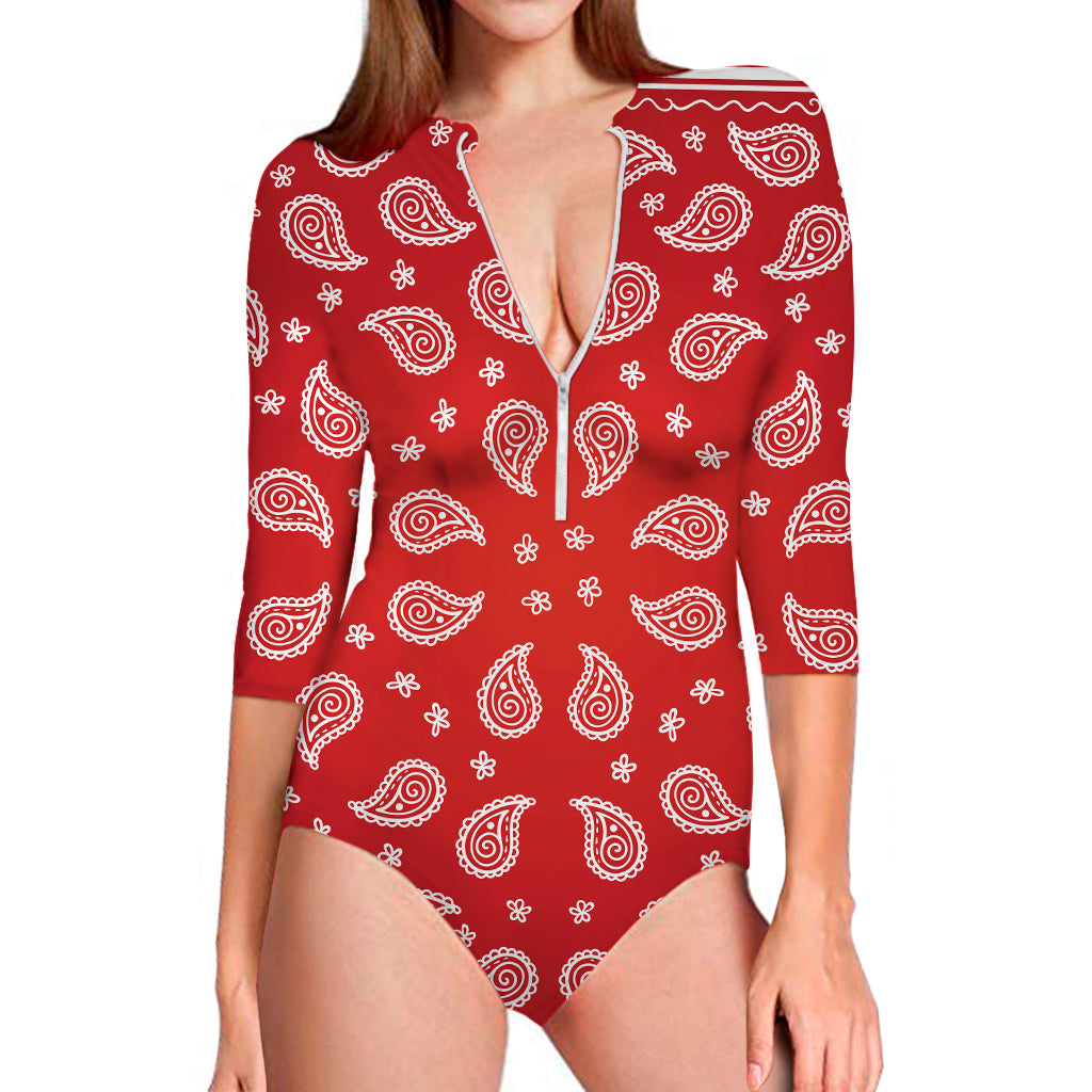 Red And White Bandana Print Long Sleeve Swimsuit