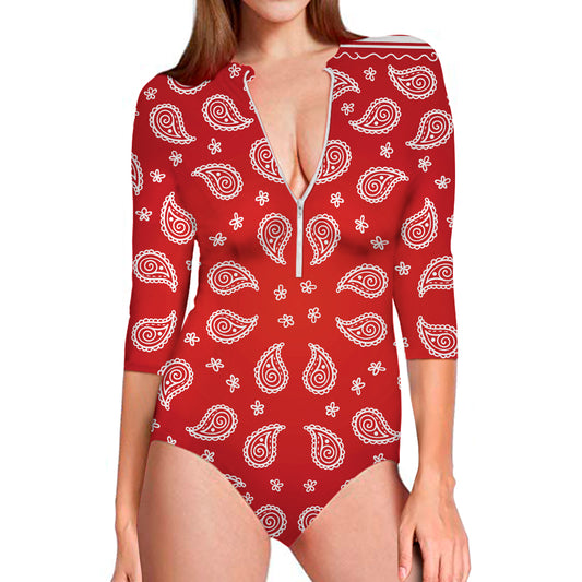 Red And White Bandana Print Long Sleeve Swimsuit