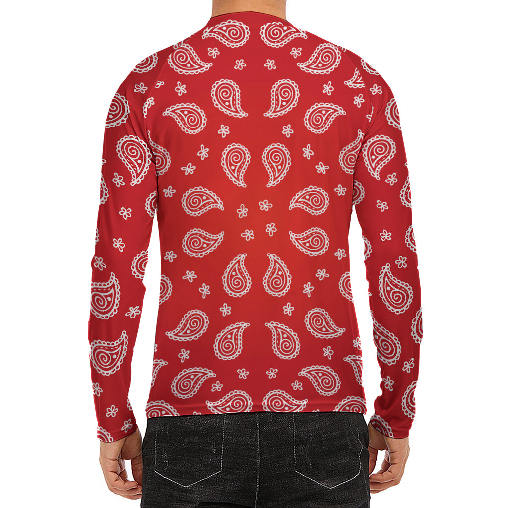 Red And White Bandana Print Men's Long Sleeve Rash Guard