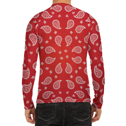 Red And White Bandana Print Men's Long Sleeve Rash Guard