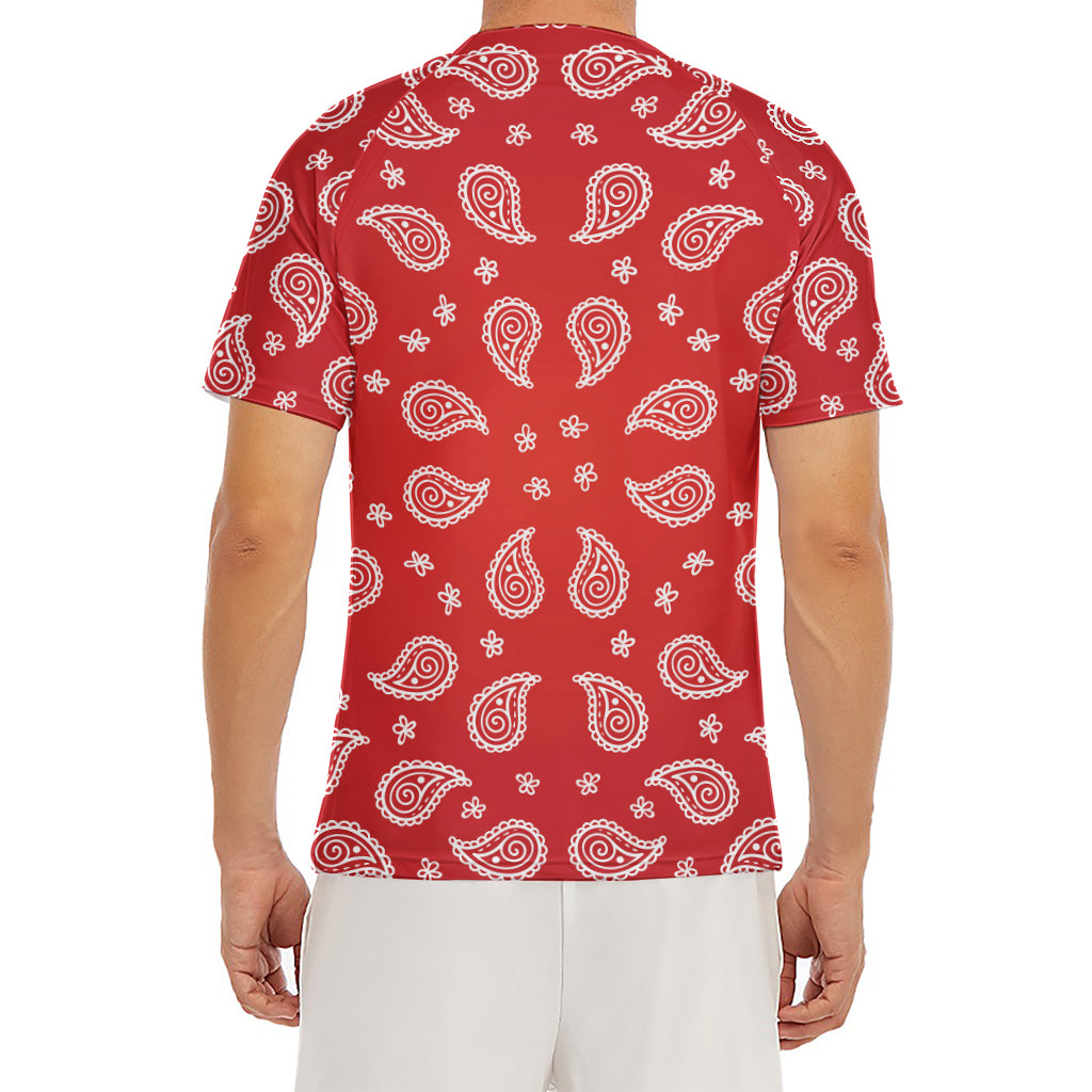 Red And White Bandana Print Men's Short Sleeve Rash Guard