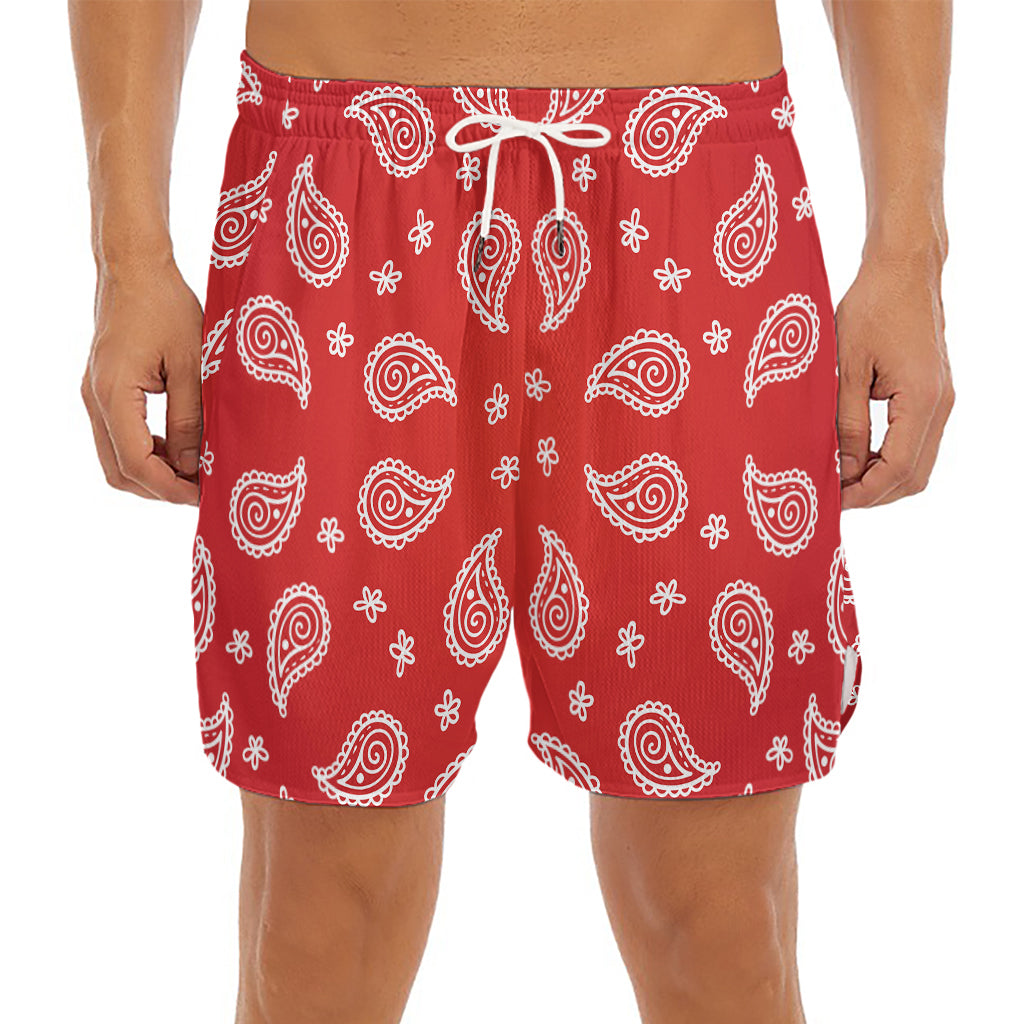 Red And White Bandana Print Men's Split Running Shorts
