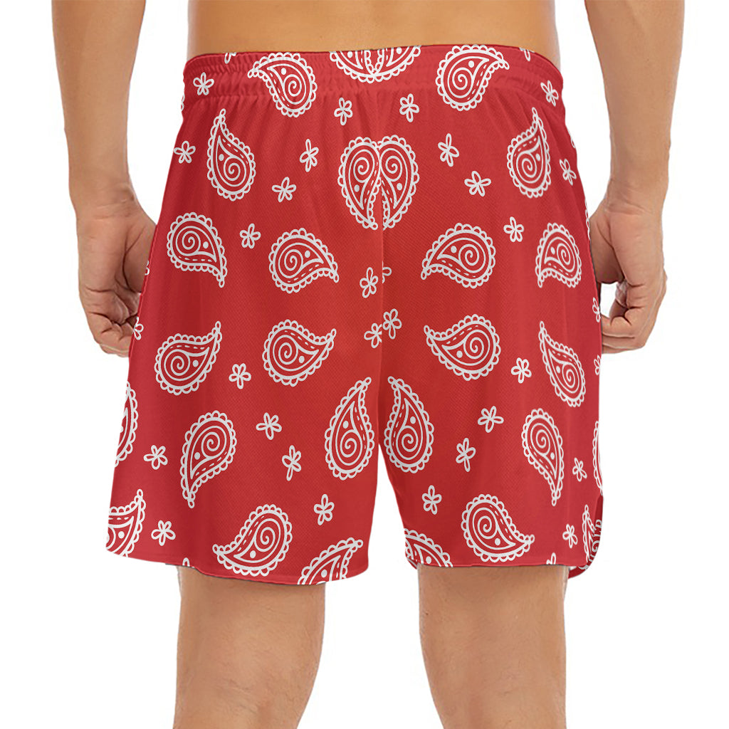 Red And White Bandana Print Men's Split Running Shorts
