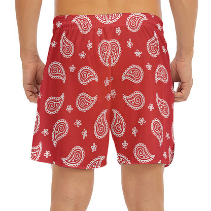 Red And White Bandana Print Men's Split Running Shorts