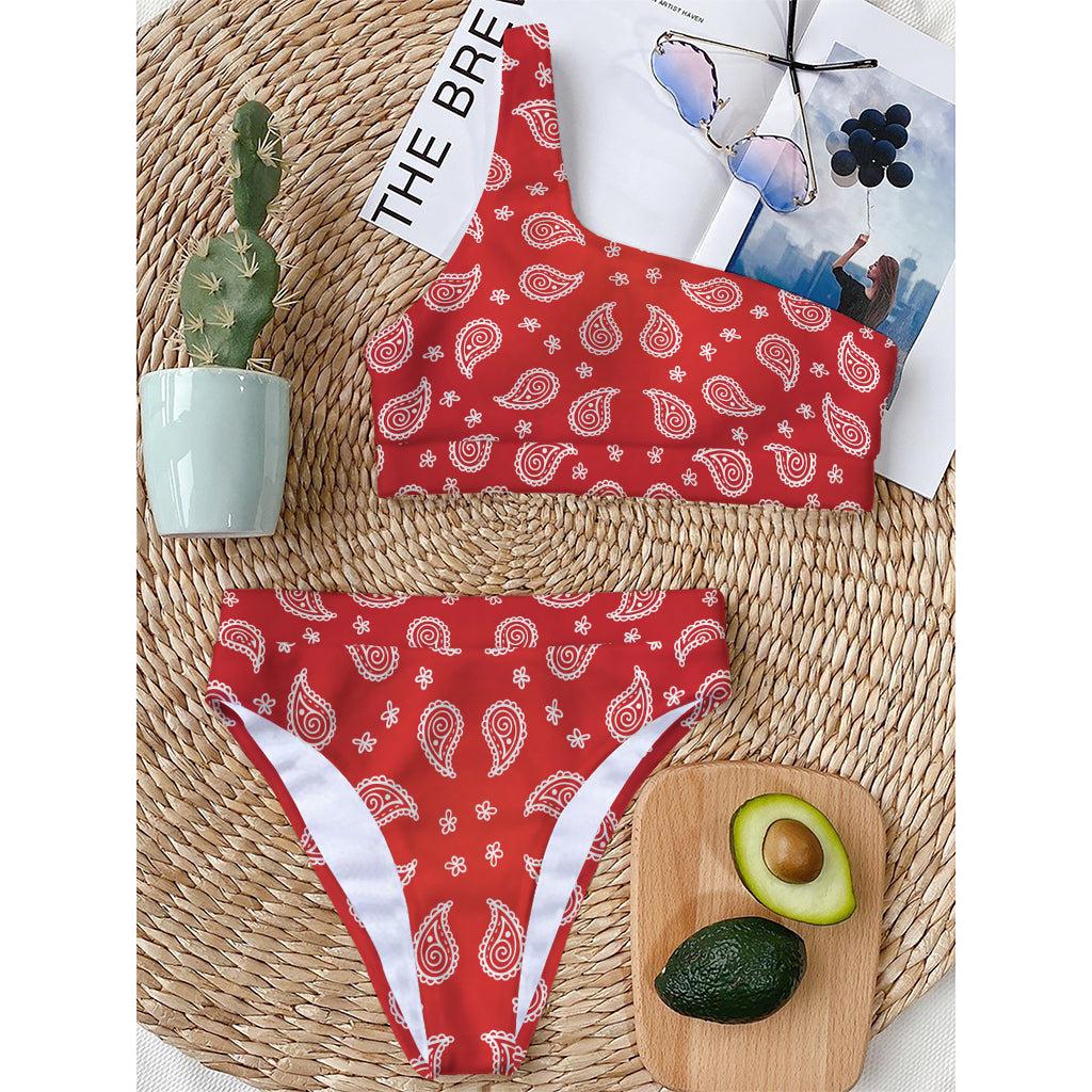 Red And White Bandana Print One Shoulder Bikini Top