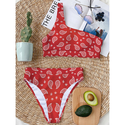 Red And White Bandana Print One Shoulder Bikini Top