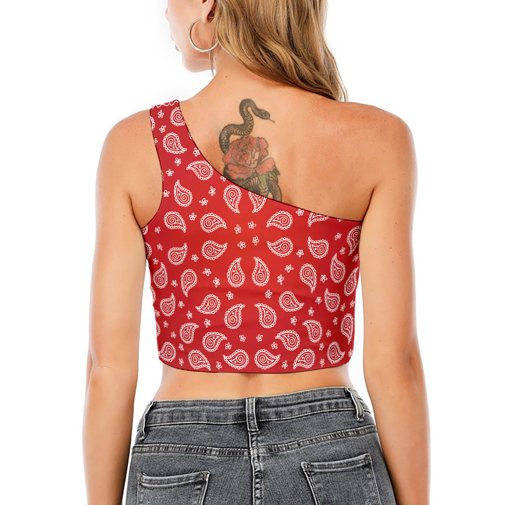 Red And White Bandana Print One Shoulder Crop Top