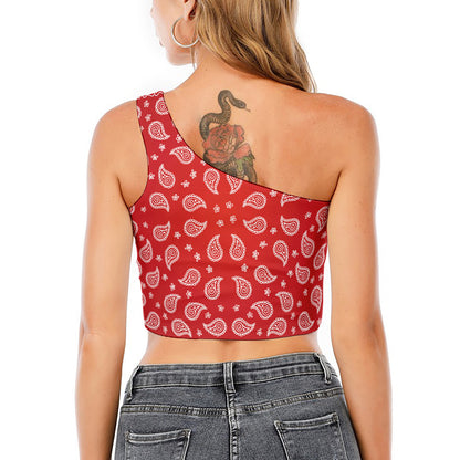 Red And White Bandana Print One Shoulder Crop Top