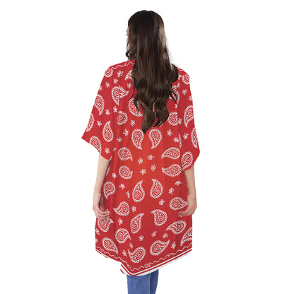 Red And White Bandana Print Open Front Beach Cover Up