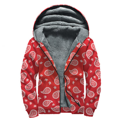 Red And White Bandana Print Sherpa Lined Zip Up Hoodie