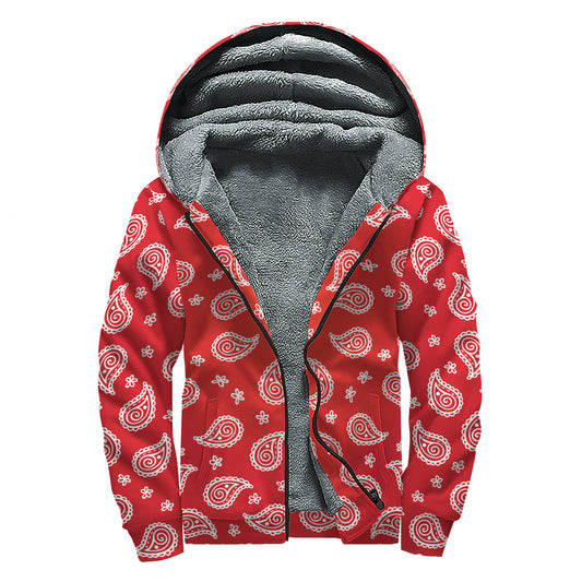 Red And White Bandana Print Sherpa Lined Zip Up Hoodie