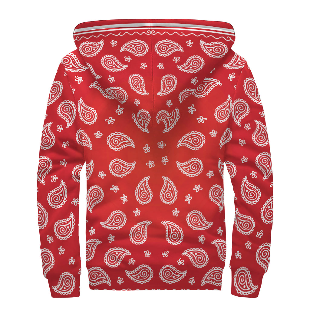 Red And White Bandana Print Sherpa Lined Zip Up Hoodie