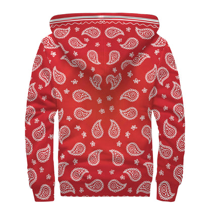 Red And White Bandana Print Sherpa Lined Zip Up Hoodie