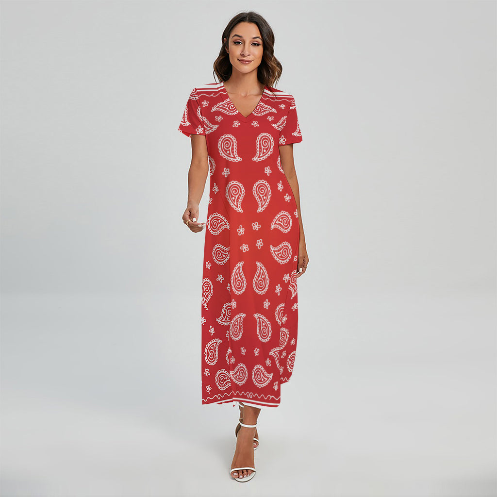 Red And White Bandana Print Short Sleeve Maxi Dress