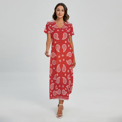Red And White Bandana Print Short Sleeve Maxi Dress