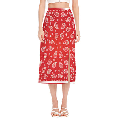 Red And White Bandana Print Side Slit Midi Skirt