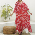 Red And White Bandana Print Silk V-Neck Kaftan Dress