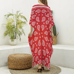 Red And White Bandana Print Silk V-Neck Kaftan Dress